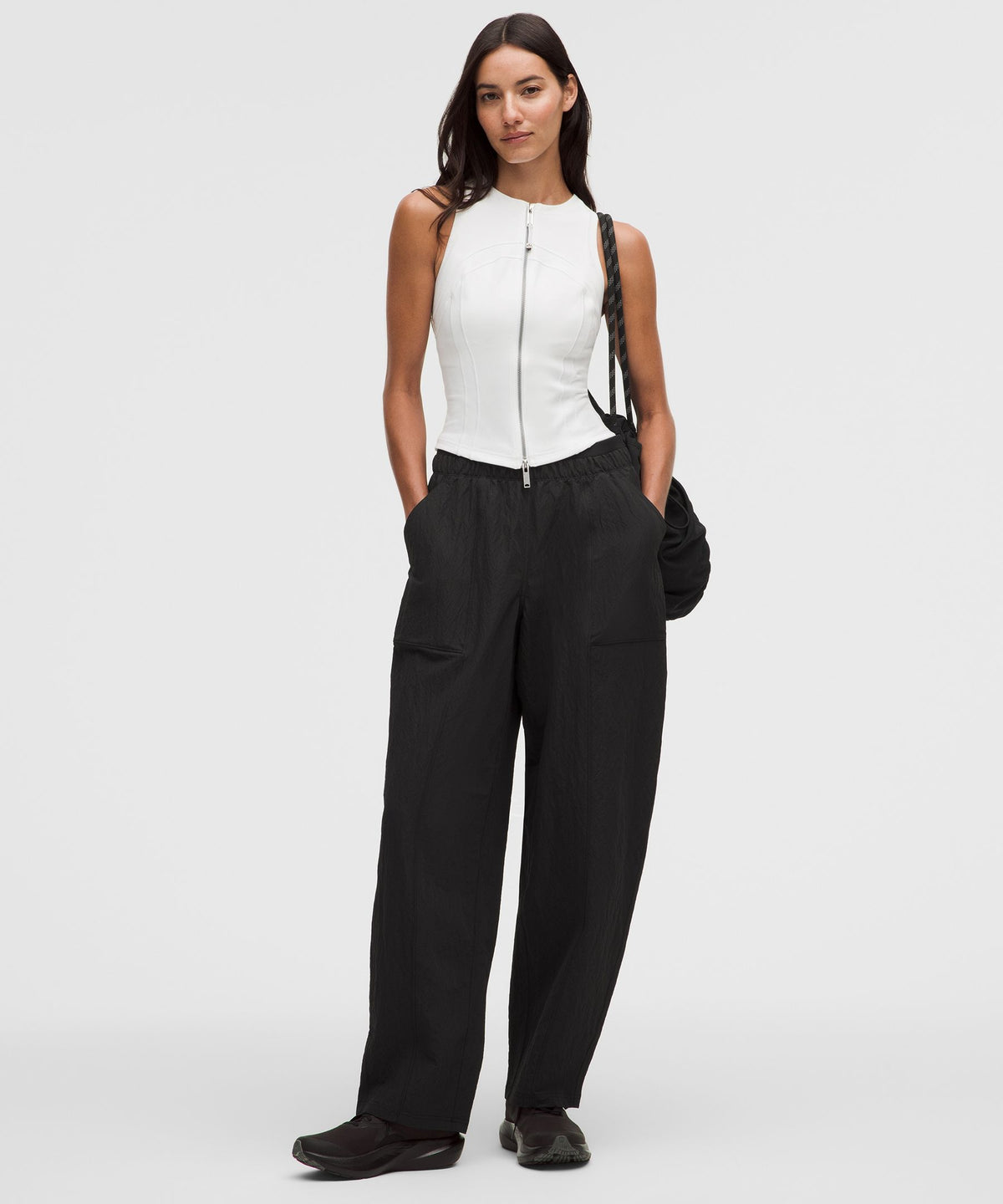 Crinkle Nylon Mid-Rise Barrel-Leg Pant