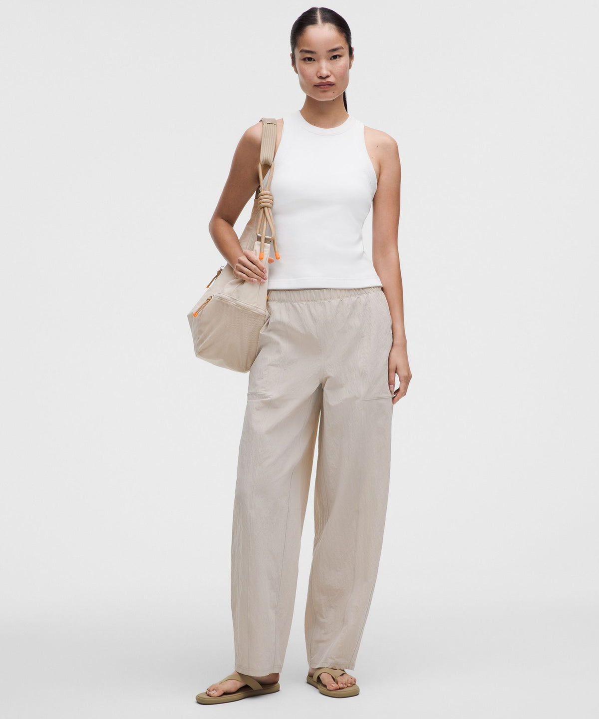 Crinkle Nylon Mid-Rise Barrel-Leg Pant