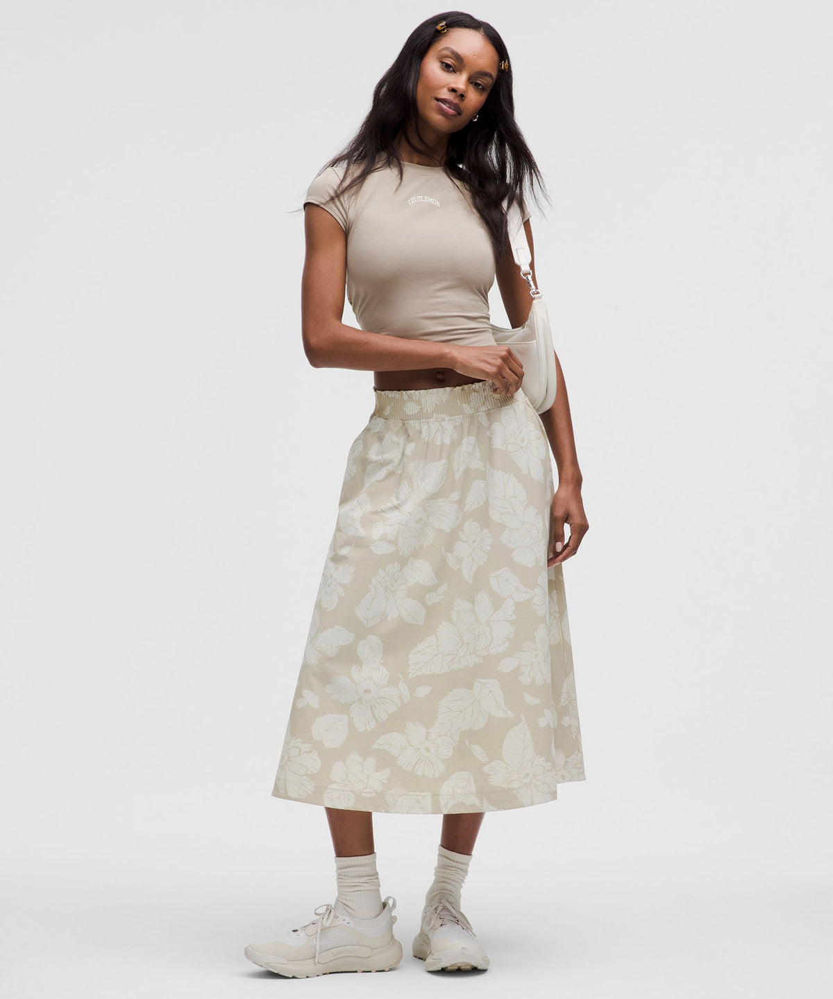 Stretch Woven Ruffle-Waist Midi Skirt